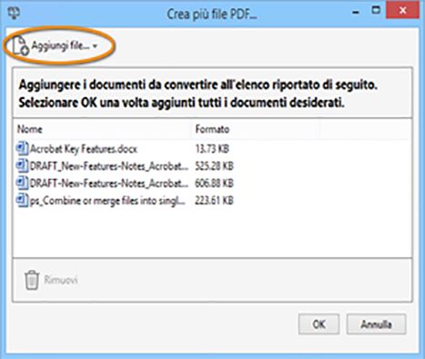 Finestra di dialogo Crea più file PDF