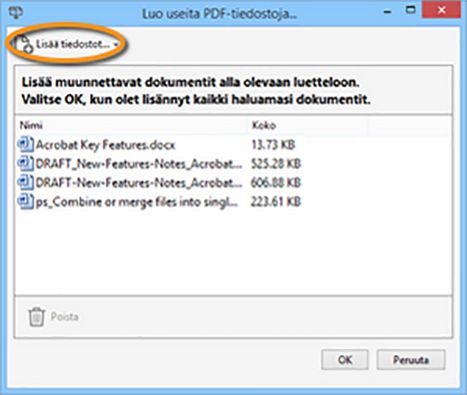 Luo useita PDF-tiedostoja -valintaikkuna