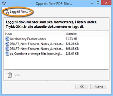 Dialogboksen Opprett flere PDF-filer