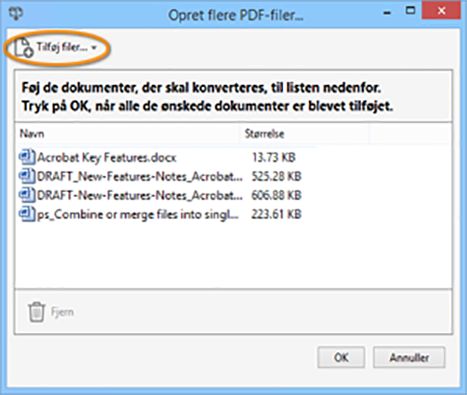 Dialogboksen Opret flere PDF'er