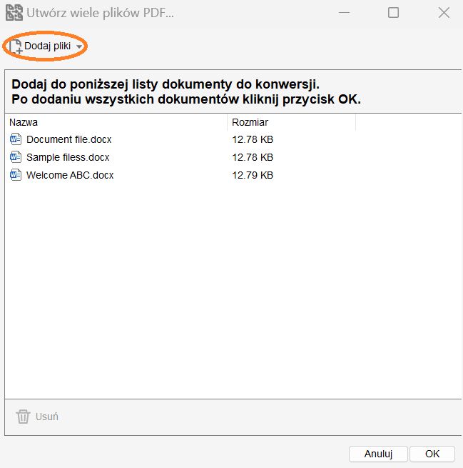 Okno dialogowe Utwórz wiele plików PDF
