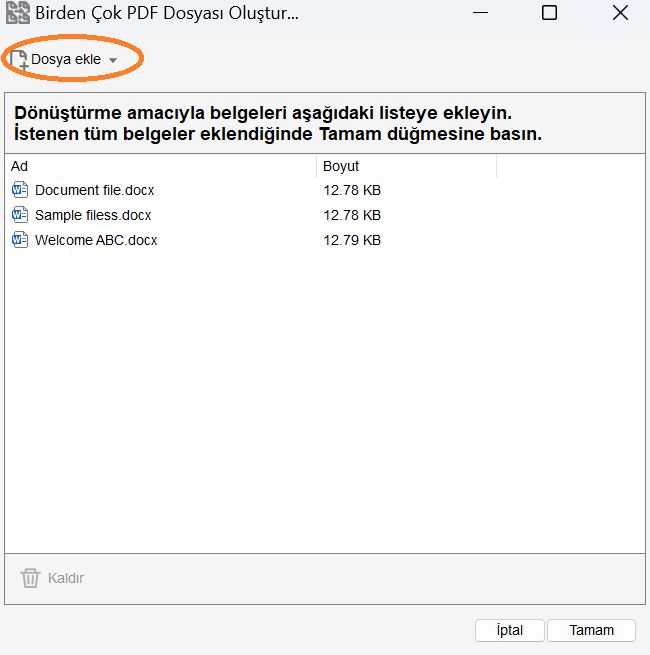 Birden Çok PDF Oluştur iletişim kutusu