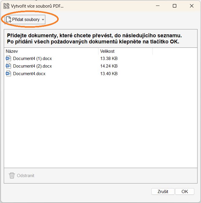 Dialogové okno Vytvořit více souborů PDF