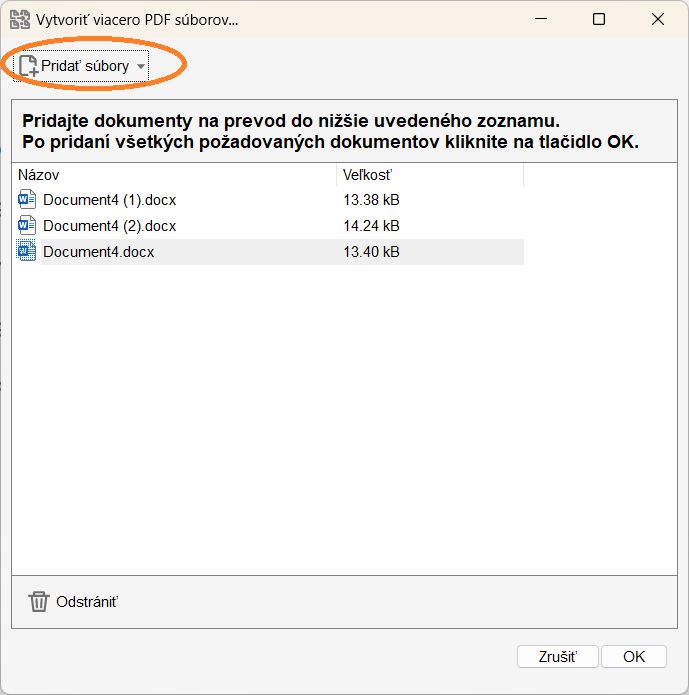 Dialógové okno Vytvoriť viacero súborov PDF