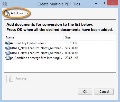 Create Multiple PDF Files dialog box