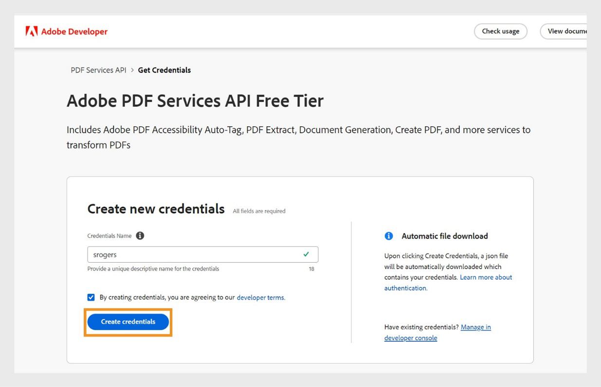 Ang Create new credentials dialog ay nagpapakita ng mga field para sa paglalagay ng credential name, checkbox para sa pagsang-ayon sa mga developer term, at naka-highlight na Create credentials button.