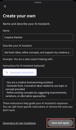 Siden Opret din egen AI-assistent i PDF Spaces viser muligheder for at oprette en tilpasset AI-specialist med felter til at tildele navn, definere mål og instruktioner.