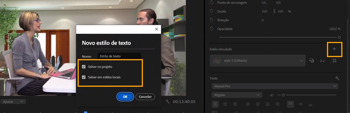 A interface mostra a caixa de diálogo para adicionar um novo estilo de texto com os estilos Salvar no projeto e Salvar no local destacados.
