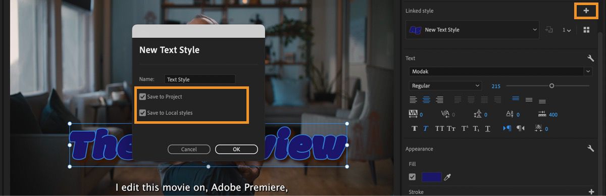 The UI shows the dialog to add new text style with Save to Project and Save to Local styles highlighted.