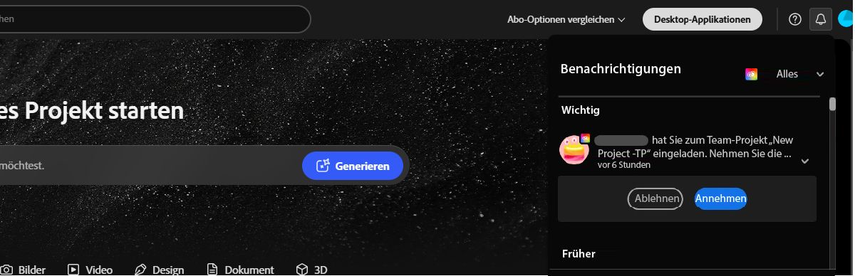 Die Creative Cloud-Anwendung ist geöffnet, und unter „Benachrichtigungen“ befindet sich eine Einladung zur Zusammenarbeit über Team Projects.
