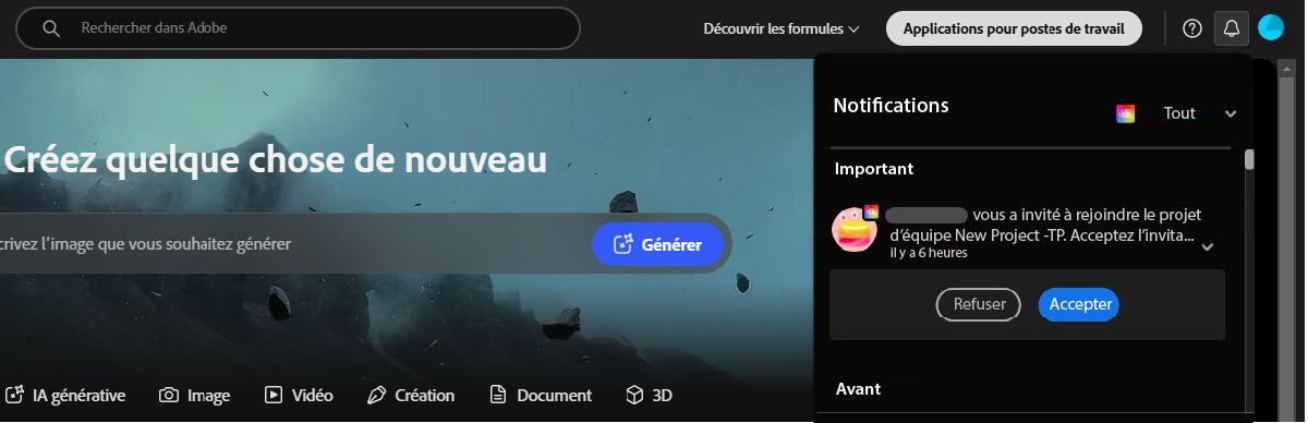 L'application Creative Cloud est ouverte et, sous Notifications, il y a une invitation à collaborer sur des Team Projects.