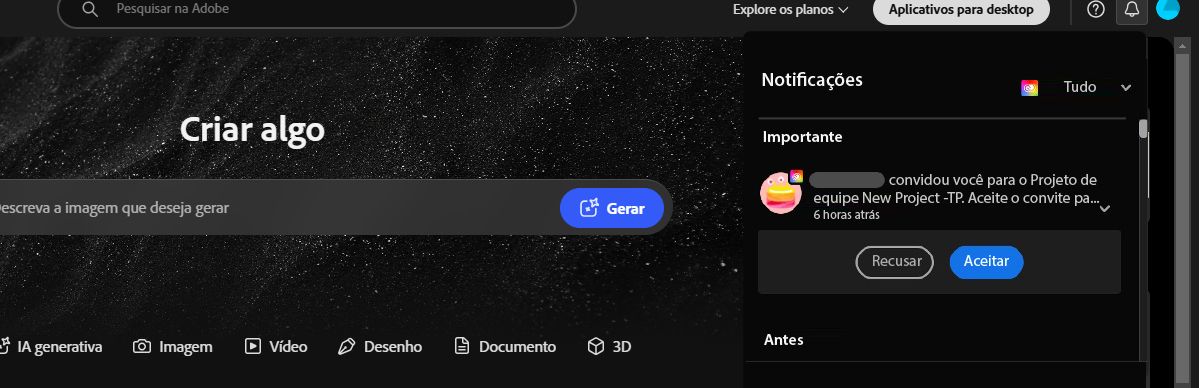 O aplicativo da Creative Cloud está aberto e, em “Notificações”, há um convite para colaboração em projetos de equipe.