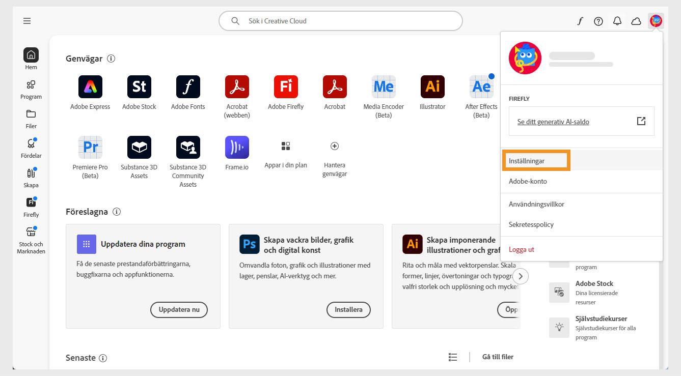 Fönstret med Creative Cloud-datorprogrammet som visar alternativet Inställningar i snabbmenyn.
