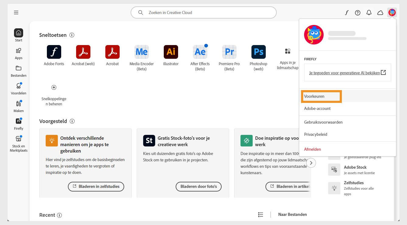 Via het menupictogram Account in de rechterbovenhoek van de Creative Cloud desktop-app kunt u appvoorkeuren selecteren.