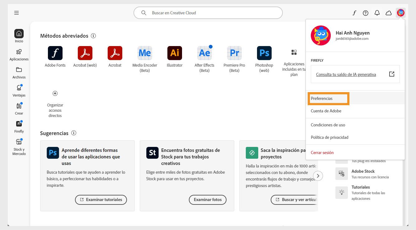 El icono del menú Cuenta en la esquina superior derecha de la aplicación de Creative Cloud proporciona la opción de seleccionar las preferencias de la aplicación.