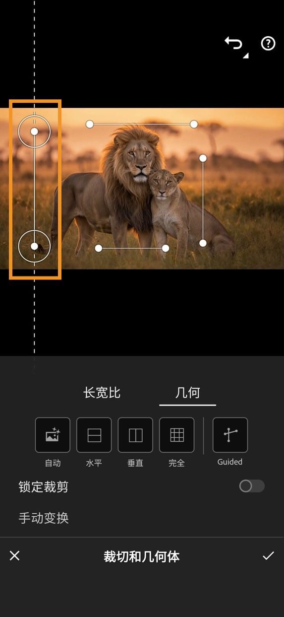 “裁切与几何”面板，显示已选择“引导式几何”工具。图像旁边放置四条引导线，用于调整和校正图像透视。