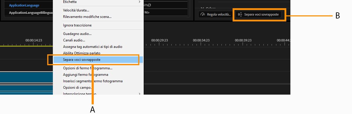 Il menu Clip è aperto e l'opzione Separare il crosstalk è selezionata e la stessa opzione è evidenziata anche nel pannello Properties.