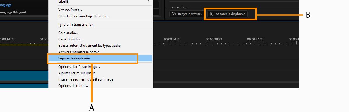 Le menu Clip est ouvert, l'option Séparer la diaphonie est sélectionnée et cette même option est également mise en évidence dans le panneau Propriétés.