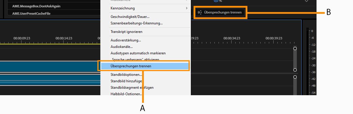 Das Clip-Menü ist geöffnet und die Option „Separate Crosstalk“ ist ausgewählt, und dieselbe Option ist auch im Eigenschaften-Bedienfeld hervorgehoben.
