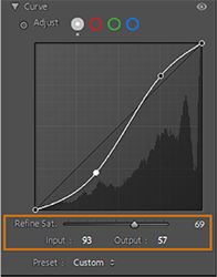 Masking curve capability showcases with highlight on curve histogram to make local adjustments.
