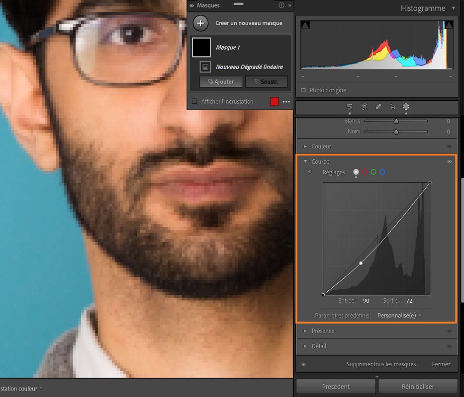 La fonction de courbe de masquage s’affiche avec l’histogramme de la courbe en surbrillance pour effectuer des réglages locaux.