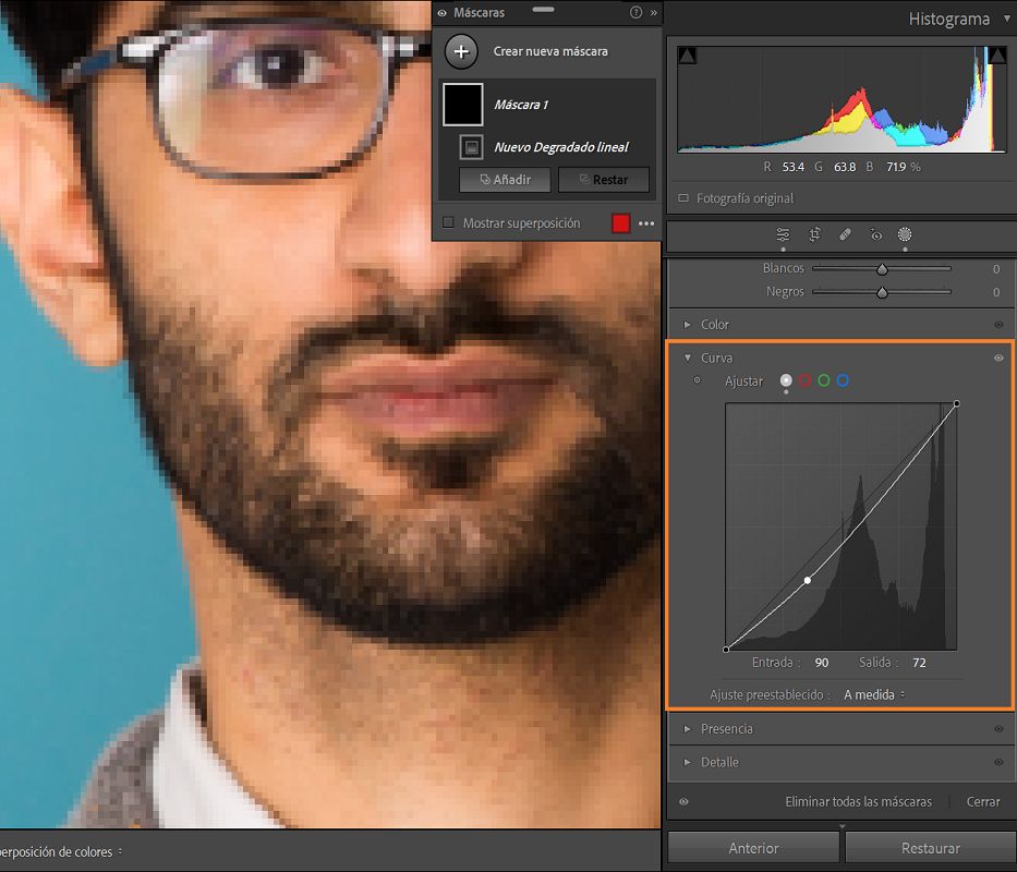 La función de enmascaramiento de curvas se muestra resaltada en el histograma de curvas para realizar ajustes locales.