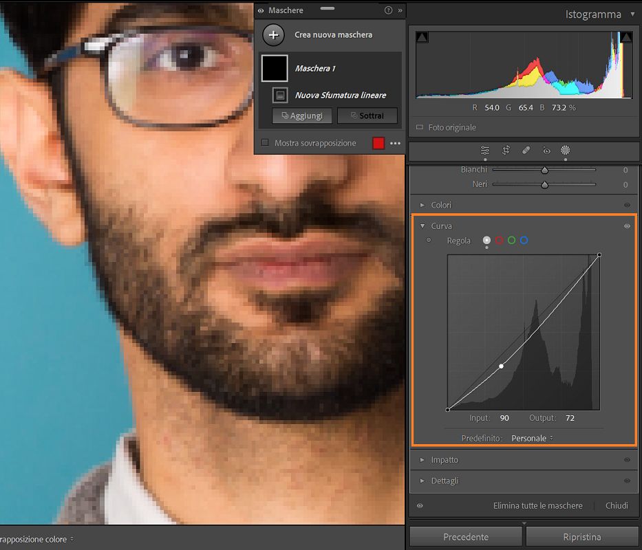 Illustrazione della funzionalità curva per le maschere in cui è evidenziato l’istogramma della curva per apportare regolazioni locali.