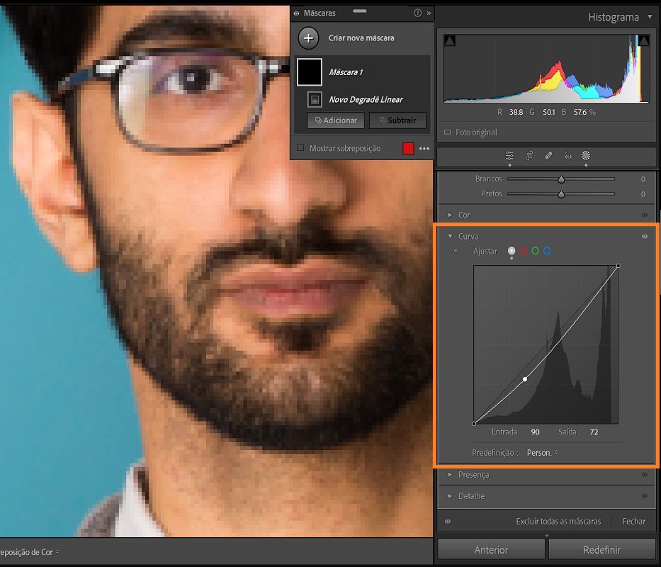 A ferramenta Mascaramento de curva apresenta os destaques no histograma de curva para fazer ajustes locais.