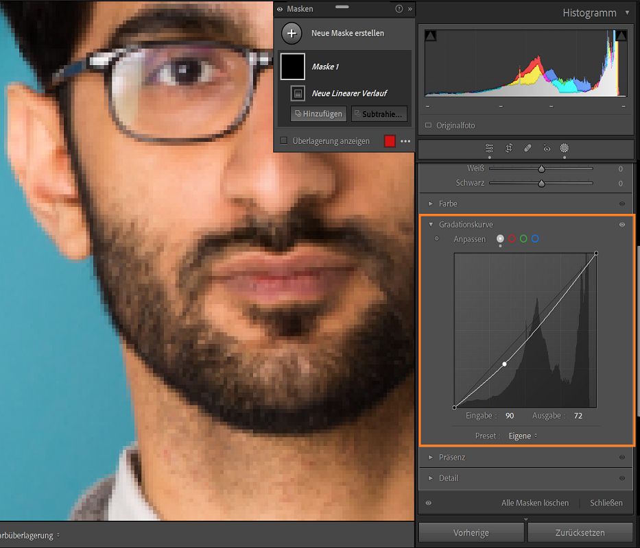 Die Funktion „Maskierungskurve“ zeigt das Kurvenhistogramm an, um lokale Anpassungen vorzunehmen.