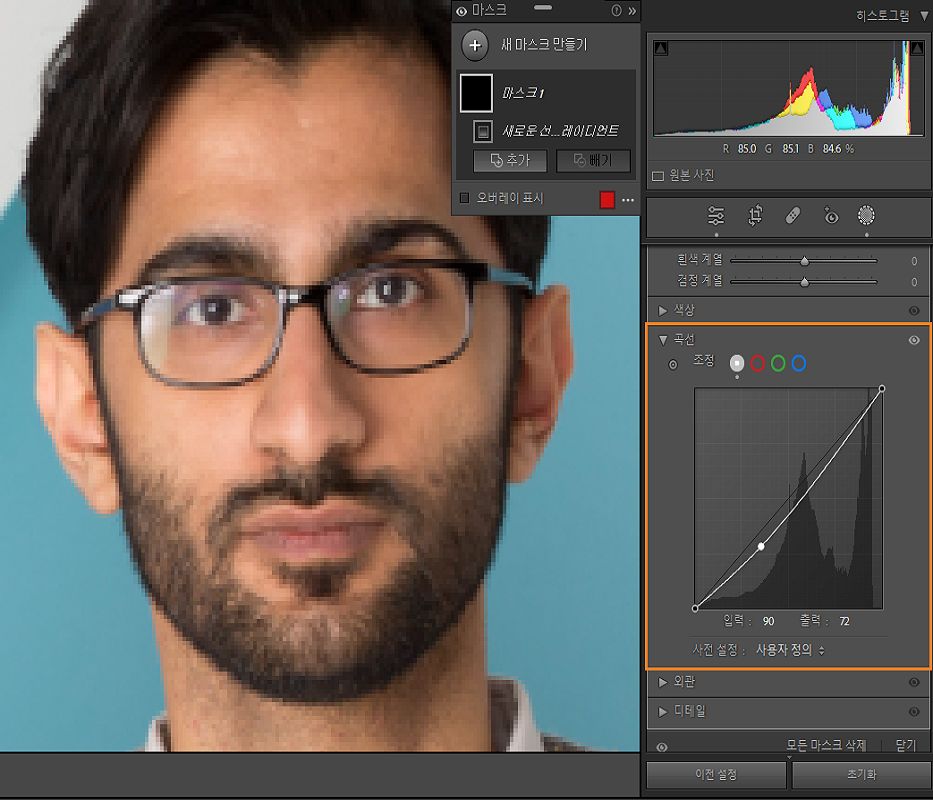 로컬 조정을 위한 곡선 막대 그래프에 강조 표시가 있는 마스크 곡선 기능.