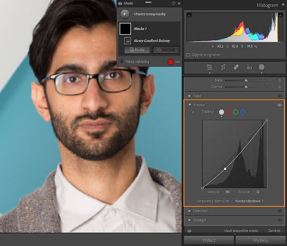 Możliwość maskowania krzywej pokazuje z podświetleniem na histogramie krzywej, aby dokonać lokalnych korekt.