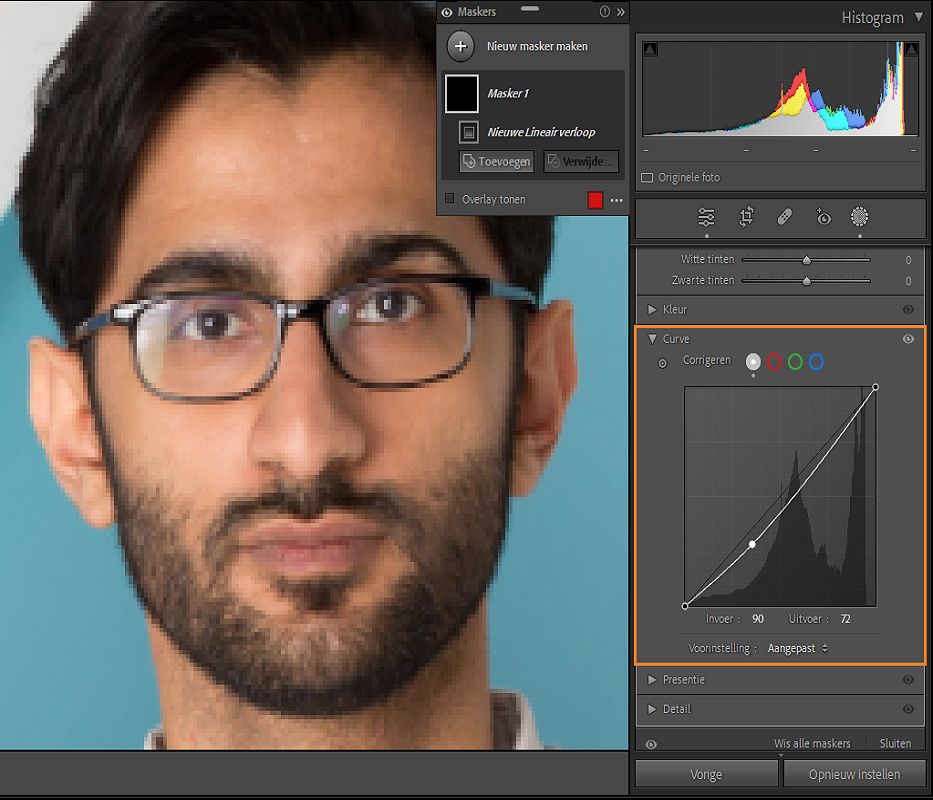 Demonstratie van maskeringscurven met nadruk op het curvehistogram om lokale aanpassingen uit te voeren.