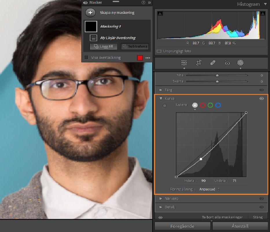 Maskeringskurva med markering på kurvhistogrammet som visar att lokala justeringar är möjliga.