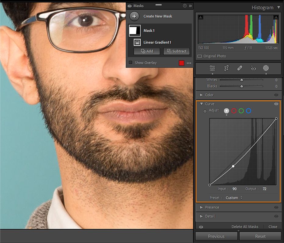 Masking curve capability showcases with highlight on curve histogram to make local adjustments.