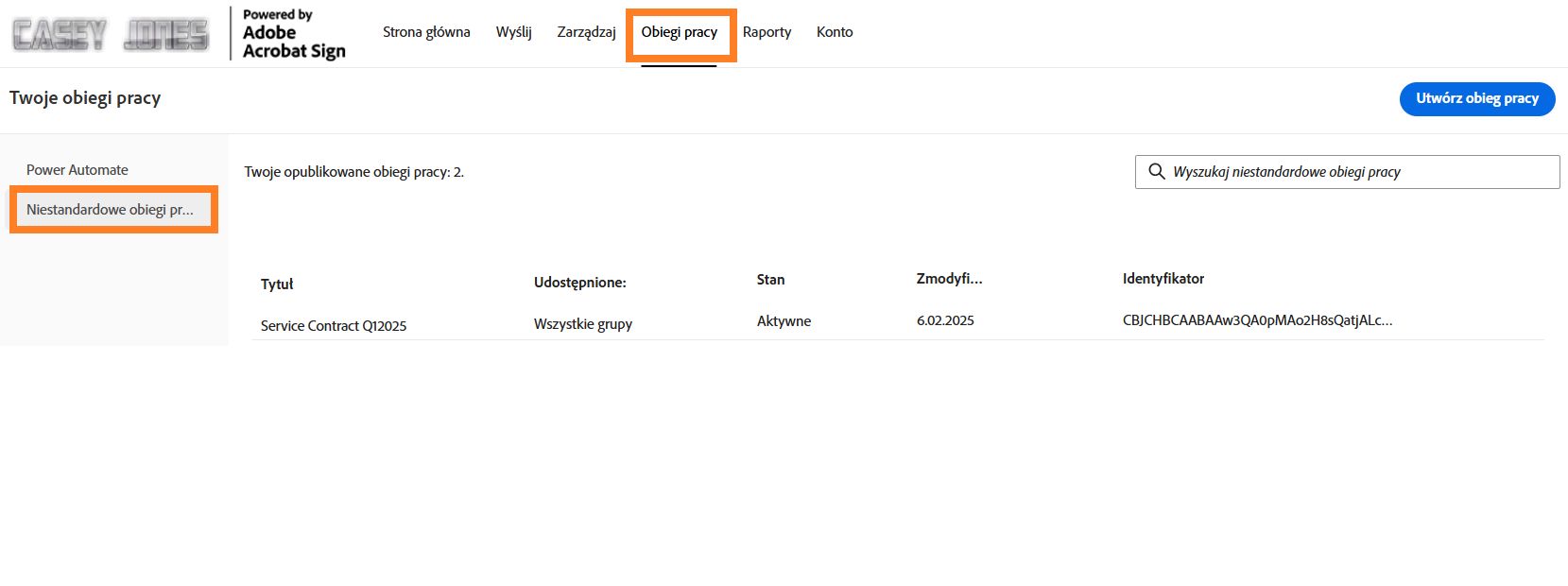 Lista Niestandardowy obieg pracy z podświetlonym przyciskiem Utwórz obieg pracy.