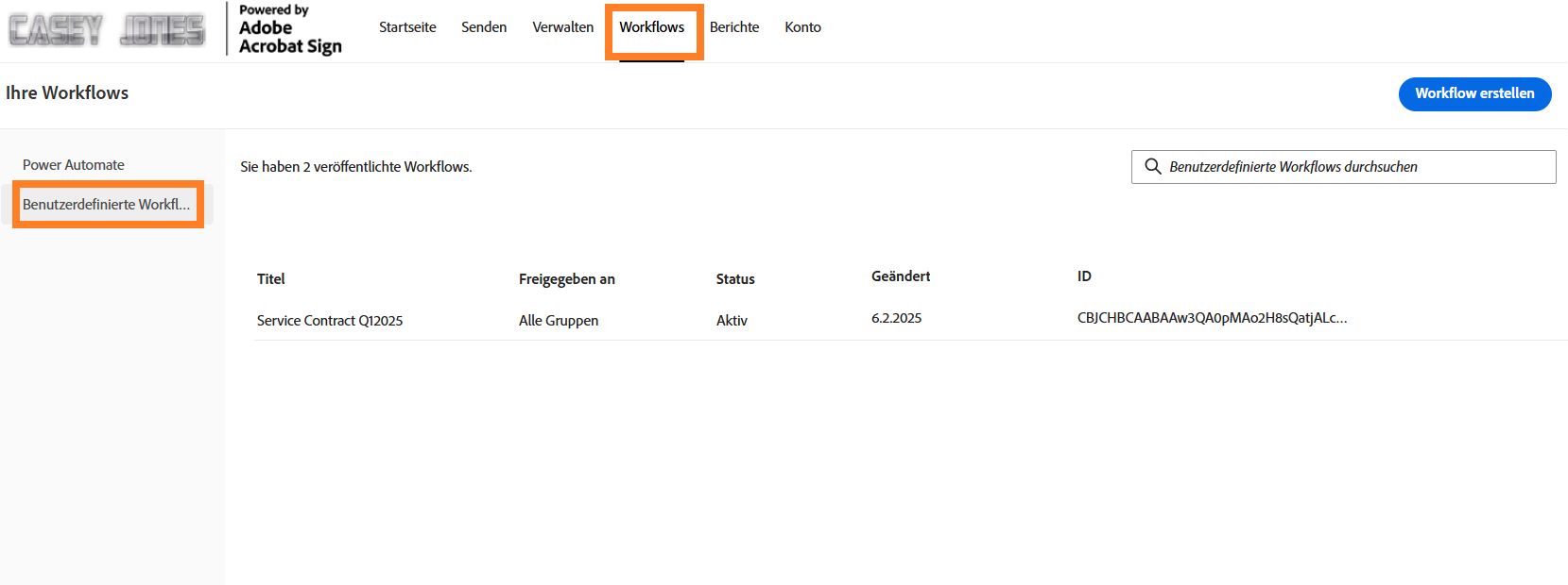 Die Liste der selbstdefinierten Workflows mit hervorgehobener Schaltfläche „Workflow erstellen“.