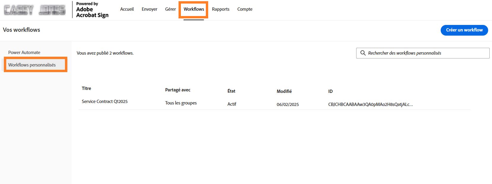 La liste des workflows personnalisés avec le bouton Créer un workflow mis en évidence.