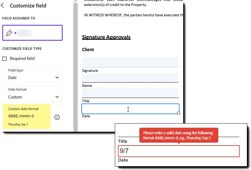 Champ de texte défini avec une validation de date affichant un exemple de date