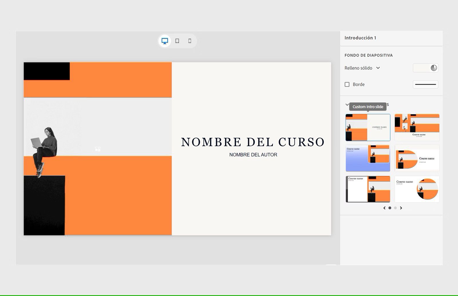 Imagen que muestra la opción de diseño personalizada para la diapositiva de introducción