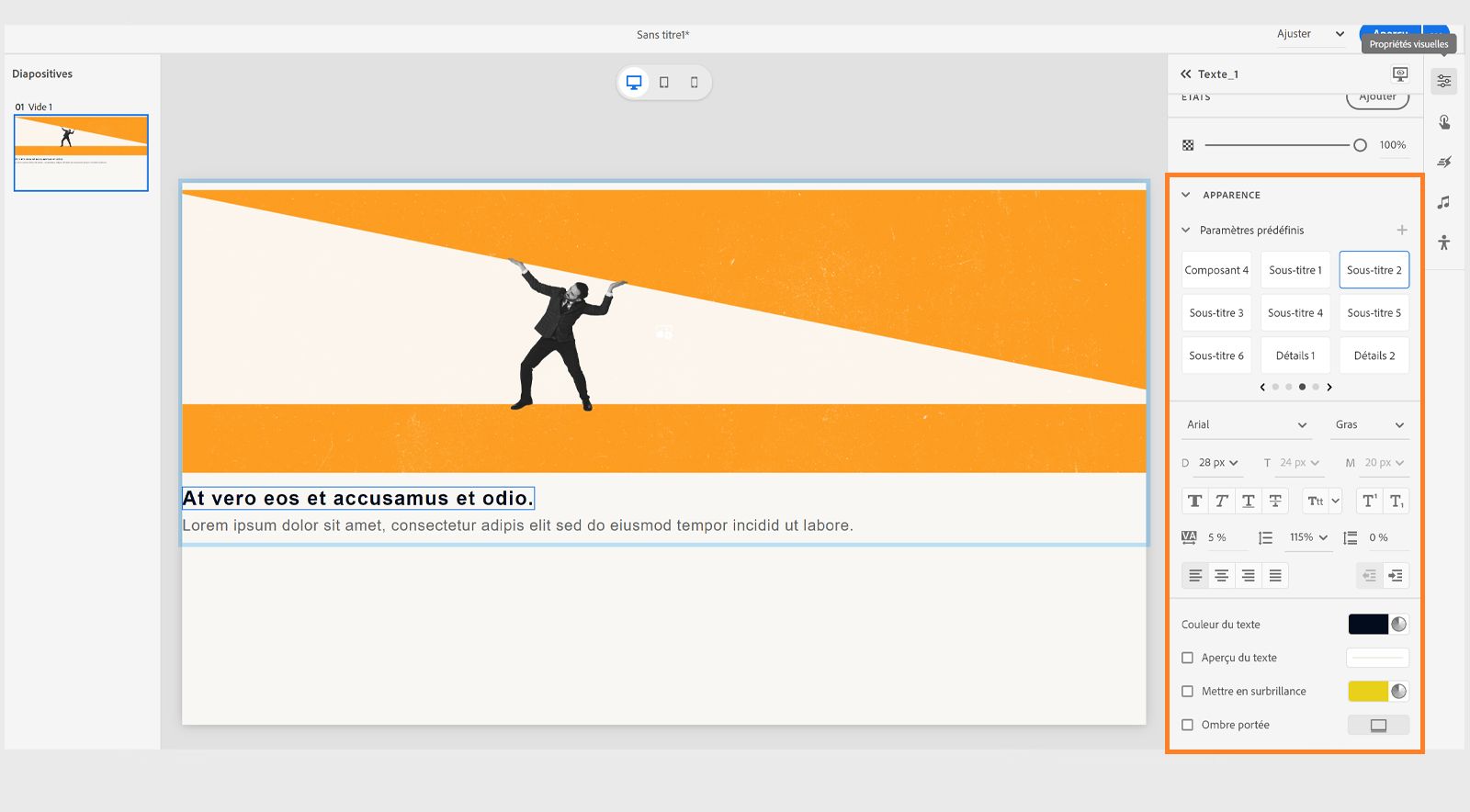 Propriétés personnalisées répertoriées sous le panneau Propriétés visuelles