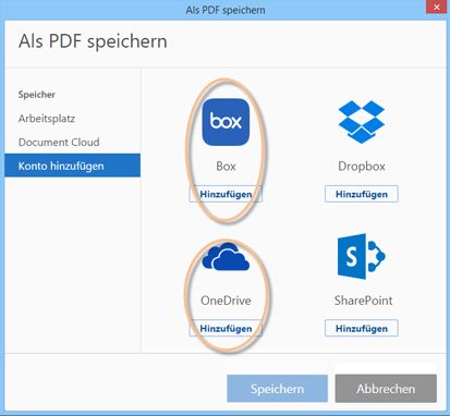 Box- und OneDrive-Verbindungen in einem benutzerdefinierten Dialogfeld „Öffnen/Speichern“
