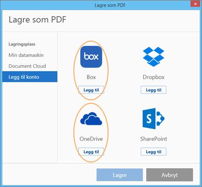 Box- og OneDrive-tilkoblinger i en egendefinert dialogboks for åpning/lagring