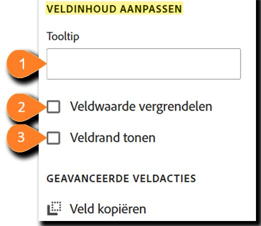 Het deelvenster Veld aanpassen met het gedeelte Veldcontent aanpassen