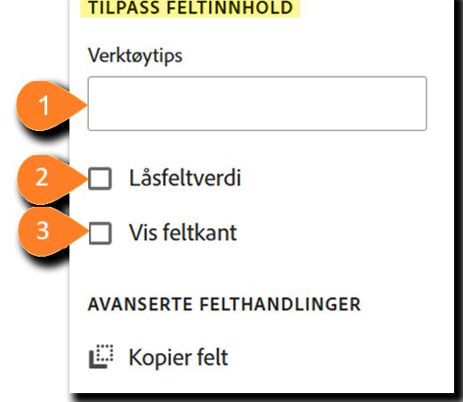 «Tilpass felt»-panelet med «Tilpass feltinnhold»-delen fremhevet
