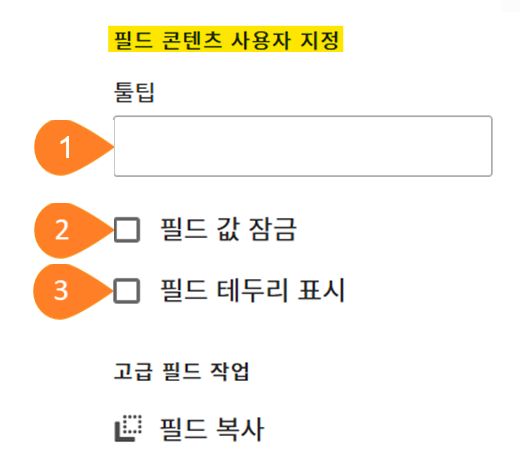 &quot;필드 콘텐츠 사용자 지정&quot; 섹션이 강조 표시된 &quot;필드 사용자 지정&quot; 패널