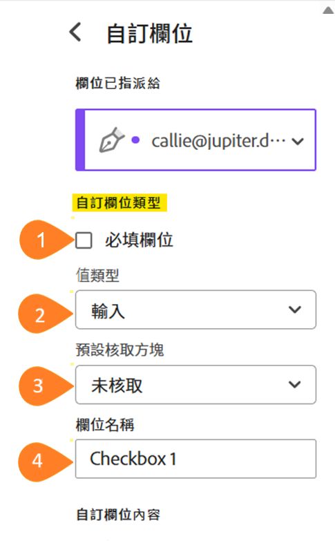 欄位自訂選單的檢視，強調顯示「可自訂欄位類型」區段。