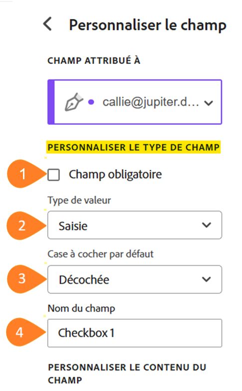 Vue du menu de personnalisation du champ avec la section Personnaliser le type de champ mise en surbrillance.