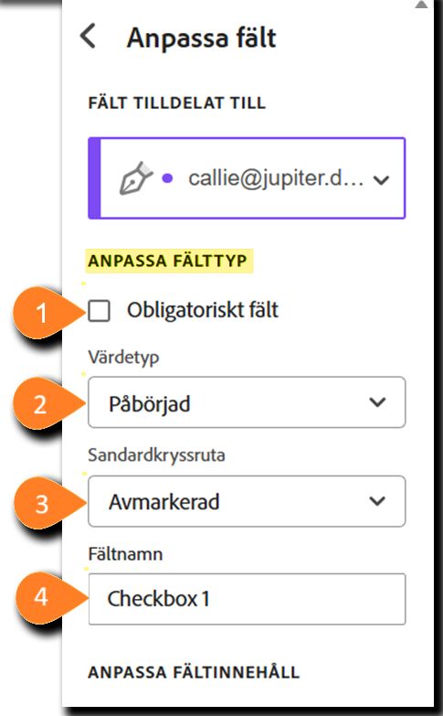Vy av menyn för fältanpassning med avsnittet Anpassningsbar fälttyp markerat.