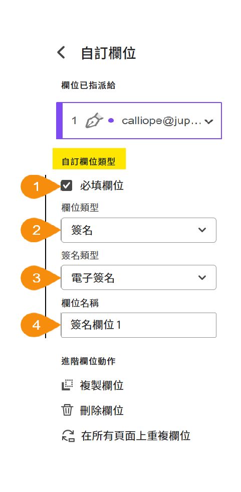 欄位自訂選單的檢視，強調顯示「可自訂欄位類型」區段。