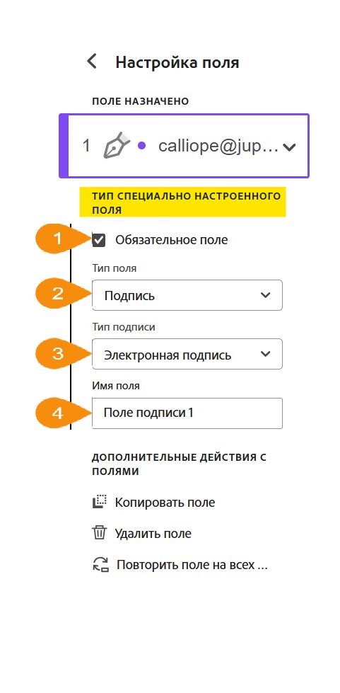Представление меню настройки полей с выделенным разделом настраиваемого типа поля.